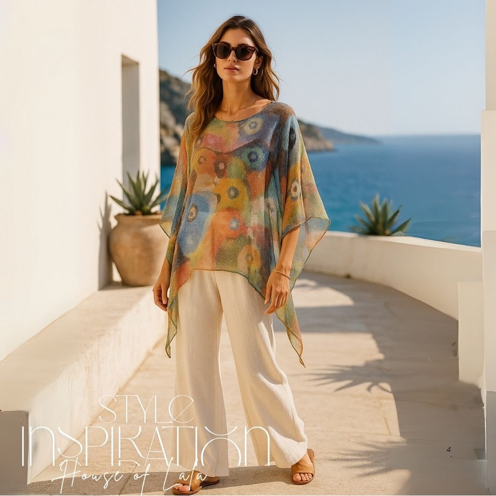 100% Silk  Abstract Art-to-Wear – Boho Feminine Sheer Vacation Summer Top - Picture 3 of 14